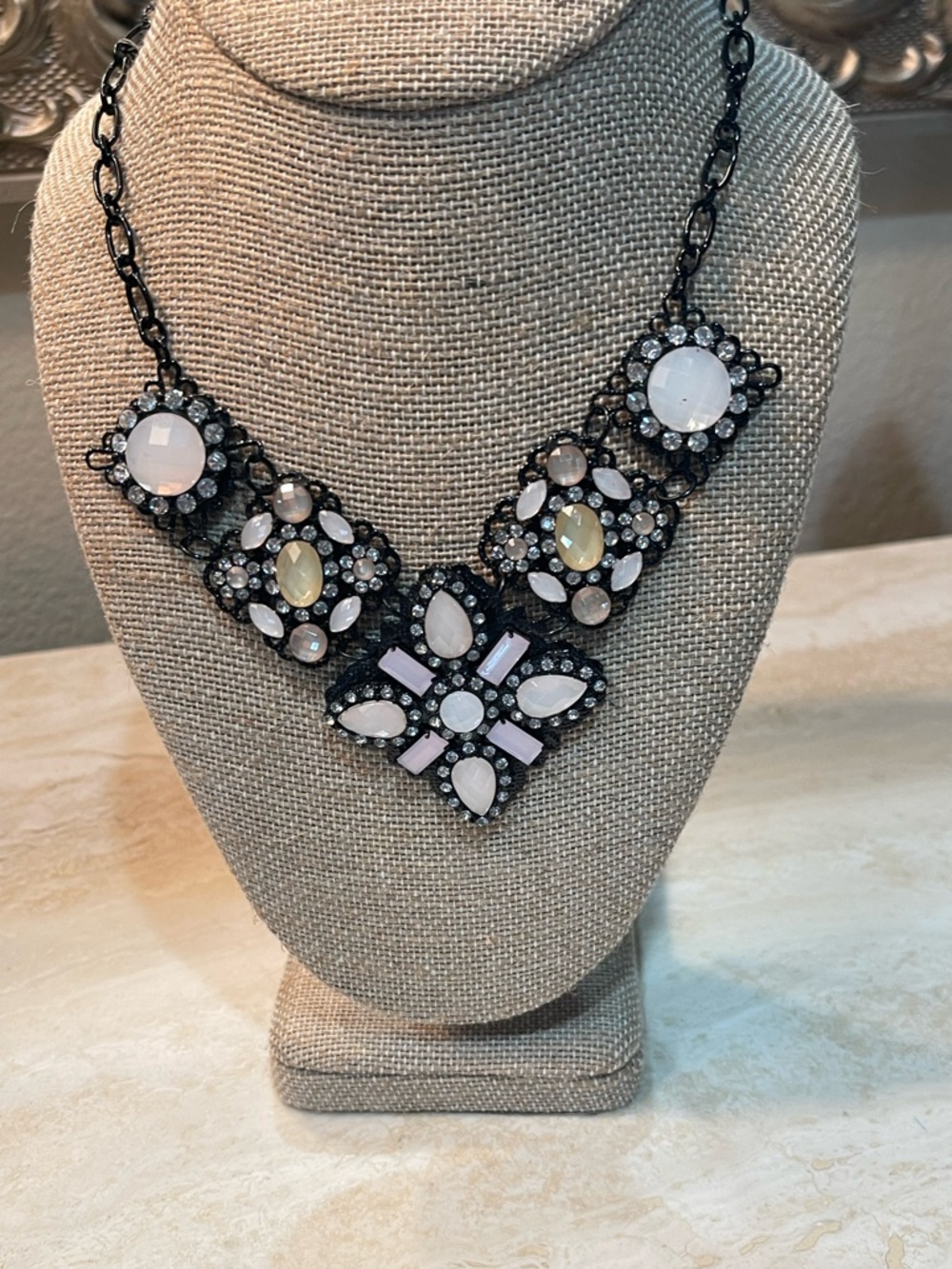 Statement Floral Bib Necklace in Pale Pink and White